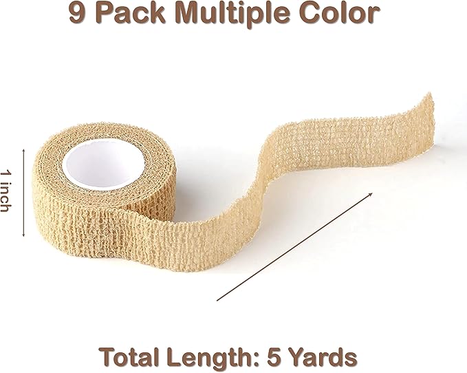 Self Adhesive Bandage Wrap, 9 Pack 1" x 5 Yards, Athletic Tape, Elastic Bandage, Self Stick Wrap for Ankle, Wrist, Finger, Sports (Multi Colors)