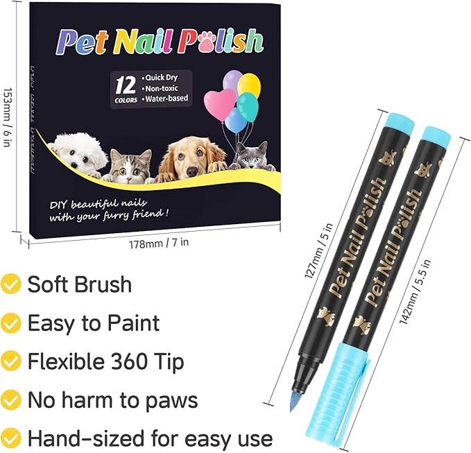 Dog Nail Polish Pens Quick Dry,12 Colors Safe Dog Nail Polish Set to DIY Pretty Nails, Ideal Gifts for Dogs Cats Light Dark Nails, Odorless, Non-Toxic, Water-Based Pet Nail Accessories Set