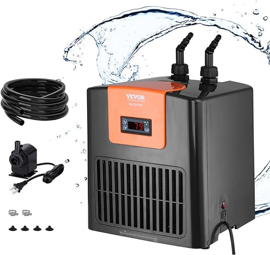 VEVOR Aquarium Chiller, 52 Gal 196 L, 1/10 HP Hydroponic Water Chiller, Quiet Refrigeration Compressor for Seawater and Fresh Water, Fish Tank Cooling System with Pump/Hose, for Jellyfish, Coral Reef