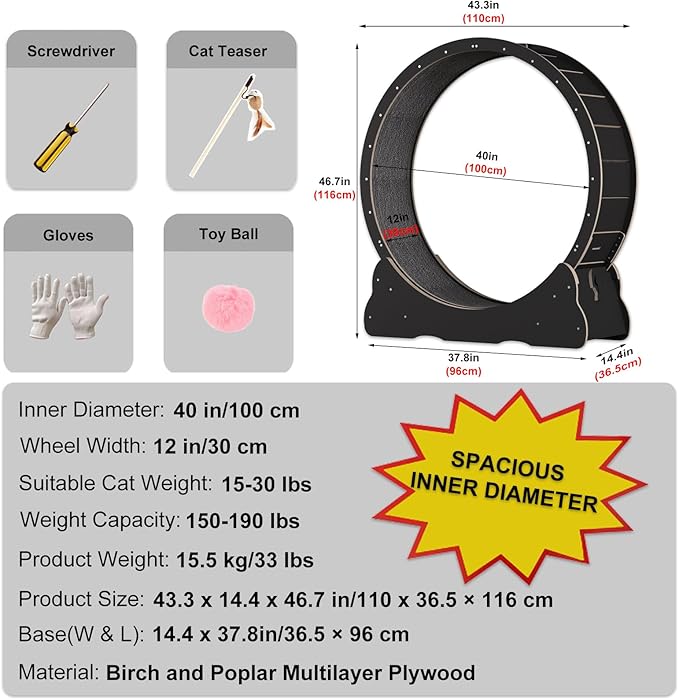 Cat Wheels for Indoor Cats. Extra Large Diameter Cat Treadmill. Made of Natural Solid Wood. Inside Diameter 40in/100cm. Including Installation Tools and Cat Teaser. (Black)