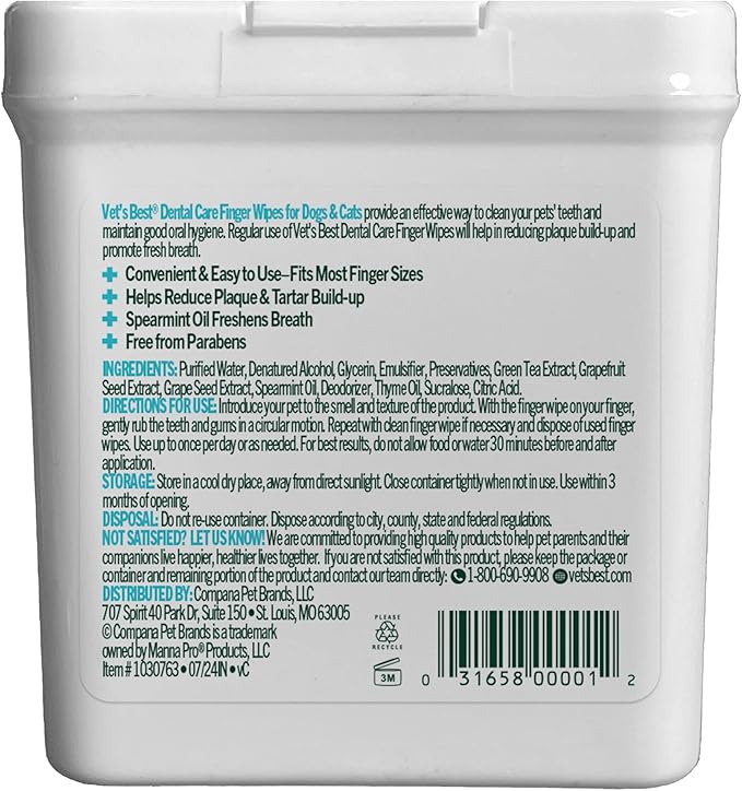 Vet's Best Dental Care Finger Wipes - Reduces Plaque & Tartar Build Up - Freshens Breath - Teeth Cleaning Finger Wipes for Dogs & Cats - 50 Count