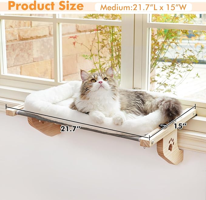 AMOSIJOY Cat Sill Window Perch Sturdy Cat Hammock Window Seat with Cushion Bed Cover, Wood & Metal Frame for Large Cats, Easy to Adjust Cat Bed for Windowsill, Bedside, Drawer and Cabinet(Cushion Bed)