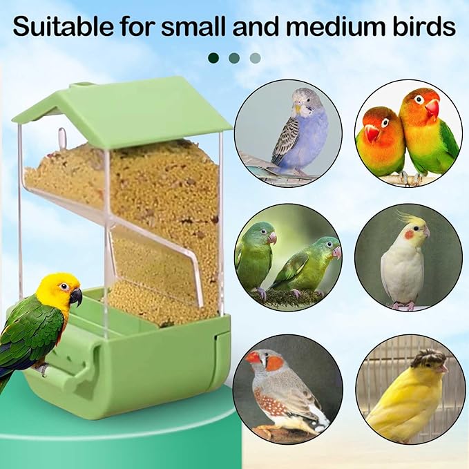 Automatic Bird Cage Feeder No Mess Parakeets Seed Food Container Acrylic Parrot Feeder Cage Accessories Transparent Small and Medium Lovebirds Canary Cockatiel Finch (Green)