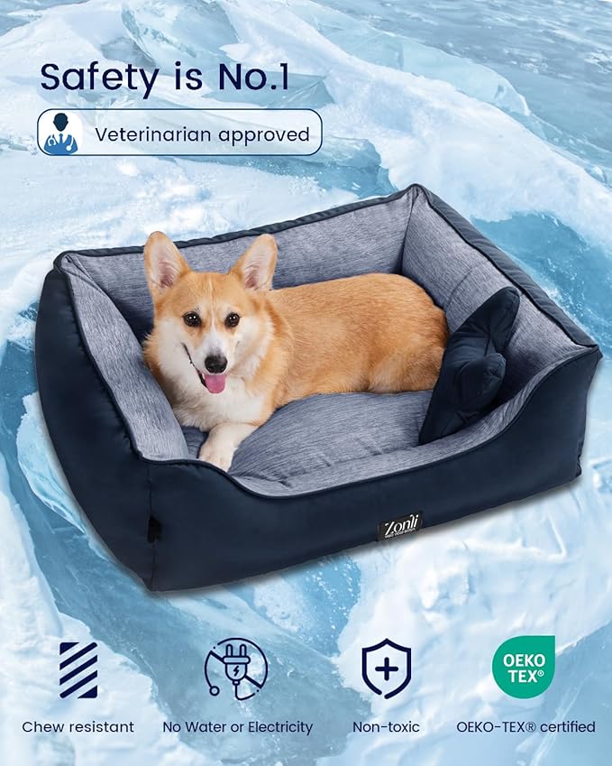 ZonLi Cooling Dog Bed, Dog Bed for Medium Dogs, Dog Cooling Bed with Bolsters Waterproof, for Dogs Up to 30 lbs, Pet Bed with Washable Cover, Non-Slip Bottom, without Gel, Oceanic Navy