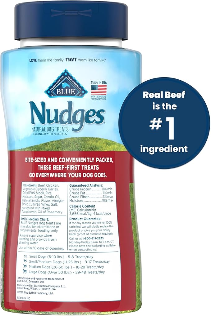 Blue Buffalo Nudges Bite-size Chewy Dog Treats with Real USA Beef, Made with Natural Ingredients, Great for On-the-Go, 5.5-oz. Container