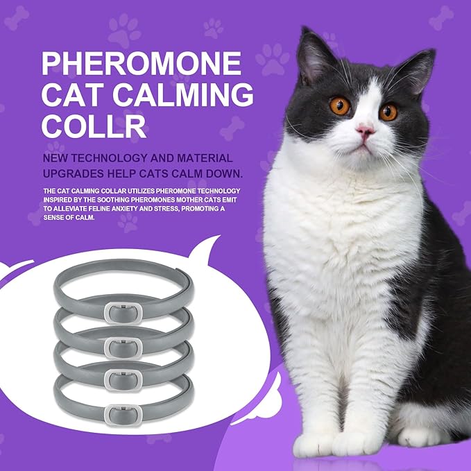 Calming Collar for Cats, 4 Pack Cat Calming Collar, Effective Relief Ancxiety Stress Cat Pheromone Collar, Water-Resistant & Adjustable Cat Calming Collar Fits Cats, Grey