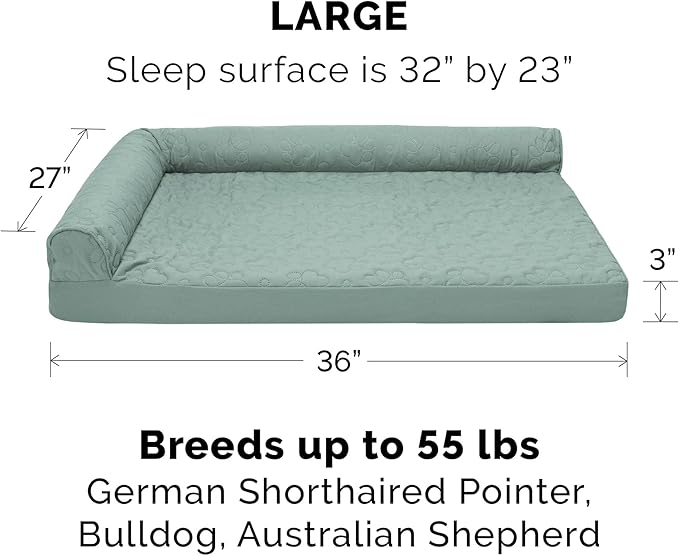 Furhaven Orthopedic Dog Bed for Large/Medium Dogs w/ Removable Bolsters & Washable Cover, For Dogs Up to 55 lbs - Pinsonic Quilted Paw L Shaped Chaise - Iceberg Green, Large