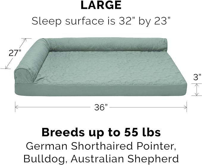 Furhaven Cooling Gel Dog Bed for Large/Medium Dogs w/ Removable Bolsters & Washable Cover, For Dogs Up to 55 lbs - Pinsonic Quilted Paw L Shaped Chaise - Iceberg Green, Large