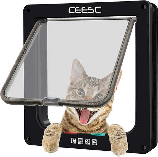 CEESC Cat Flap Door Magnetic Pet Door with 4 Way Lock for Cats, Kitties and Kittens, 2 Sizes and 2 Colors Options (M- Inner size: 6.18"(W) x 6.30"(H), Black)