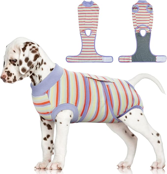 FUAMEY Recovery Suit for Dogs After Surgery,Soft Breathable Dog Bodysuit E-Collar & Cone Alternative Surgical Suit,Male Female Dog Neuter Spay Suits Anti Licking Wounds Onesie Purple Stripes XS