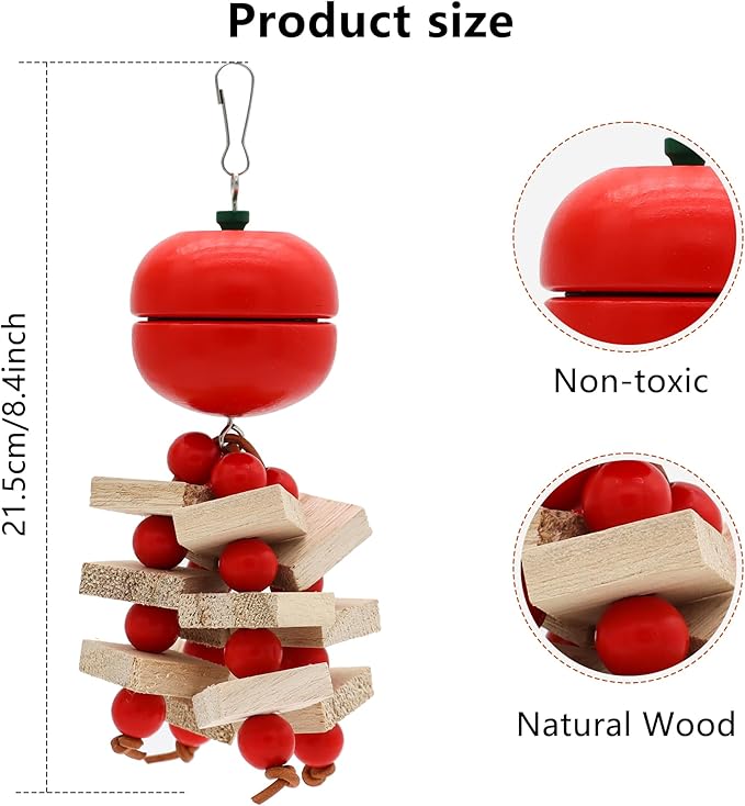 Bird Parrot Toys with Wood Blocks Beads and Colorful Ball, Tomato & Carrot Style Hanging Parrots Cage Chewing Cascade Bite Toy for Small Medium Birds (Tomato+Carrot)