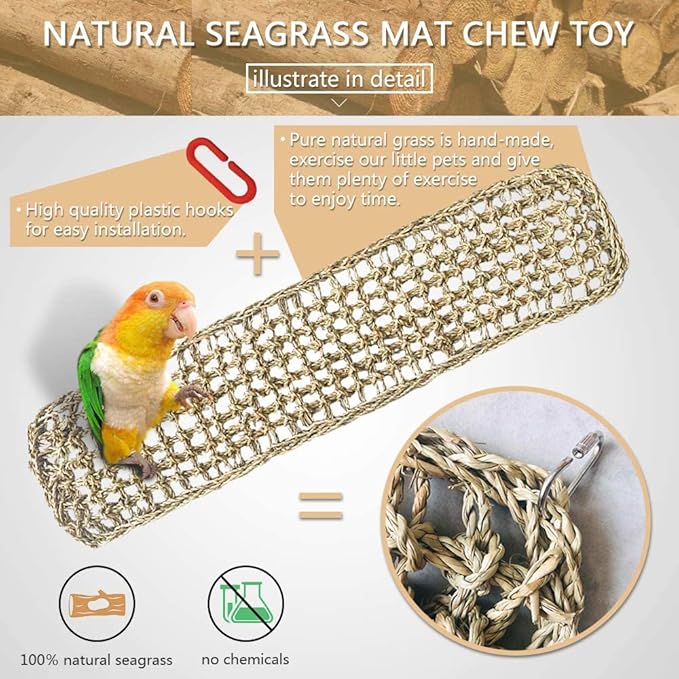 Bird Seagrass Mat 29.5"×7" Parrot Natural Grass Woven Net Hammock Hanging on Cage with Hooks Parakeet Climbing Rope Ladder Chew Toys for Pigeon Cockatiel Conure Budgie Cockatoo Rat