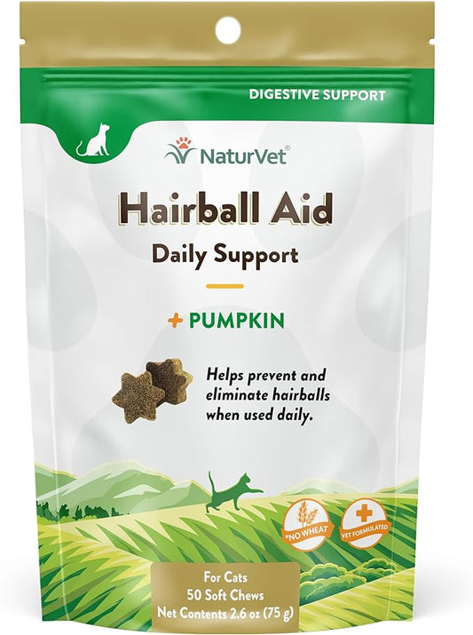 NaturVet Hairball Remedy Vitamin & Digestive Aid Supplement for Cats – Pet Health Supplement for Cat Hairballs, Digestive System Support – Includes Pumpkin, Vitamins – 50 Ct.