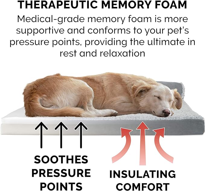 Furhaven Memory Foam Dog Bed for Medium/Small Dogs w/ Removable Bolsters & Washable Cover, Up to 35 lbs - Two-Tone Plush Faux Fur & Suede L Shaped Chaise - Stone Gray, Medium, 30.0"L x 20.0"W x 6.0"Th