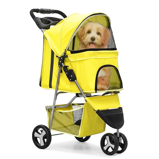 MoNiBloom Foldable Pet Stroller with Waterproof Cover, 3-Wheels Dog Strolling Cart for Small/Medium Dogs and Cats with Storage Basket and Cup Holder, Breathable and Visible Mesh for All-Season, Yellow