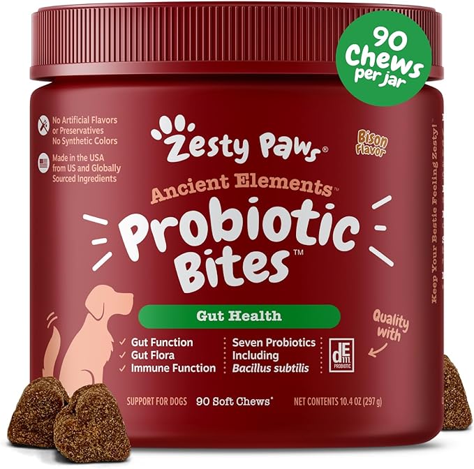 Zesty Paws Probiotics for Dogs - Digestive Enzymes for Gut Flora, Digestive Health, Diarrhea & Bowel Support - Clinically Studied DE111 - Dog Supplement Soft Chew for Pet Immune System - AE, 90 Ct