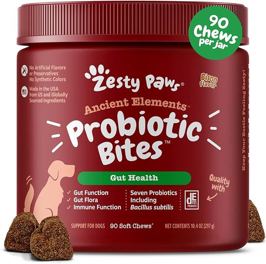 Zesty Paws Probiotics for Dogs - Digestive Enzymes for Gut Flora, Digestive Health, Diarrhea & Bowel Support - Clinically Studied DE111 - Dog Supplement Soft Chew for Pet Immune System - AE, 90 Ct