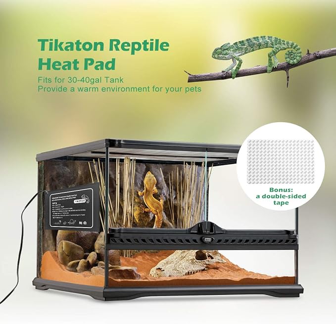 Tikaton Reptile Heat Pad - Adjustable temperature Under Tank Heater for 10-20gal/30-40gal Tank, Terrarium Heat Mat for Turtle/Snake/Lizard/Frog/Spider/Plant Box