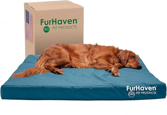 Furhaven Water-Resistant Cooling Gel Dog Bed for Large Dogs w/ Removable Washable Cover, For Dogs Up to 95 lbs - Indoor/Outdoor Logo Print Oxford Polycanvas Mattress - Deep Lagoon, Jumbo/XL