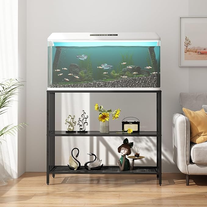 Fish Tank Stand with Metal Shelves, 55 Gallon Aquarium Stand Heavy Duty Turtle Tank Terrariums Tank Breeder Reptile Tank Stand for Home Office, 48.4” x 14.9” x 29.5” (Black)