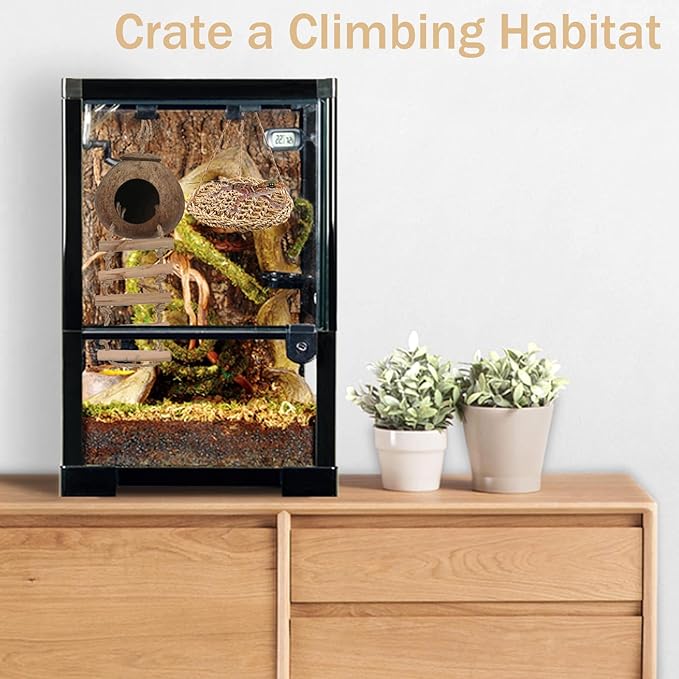 Crested Gecko Tank Accessories, Reptile Hammock and Vines Plants, Coco Hut Coconut Shell with Ladder Hideout Cave Habitat Decor for Lizard Leopard Gecko Tortoise Amphibians Hermit Crab