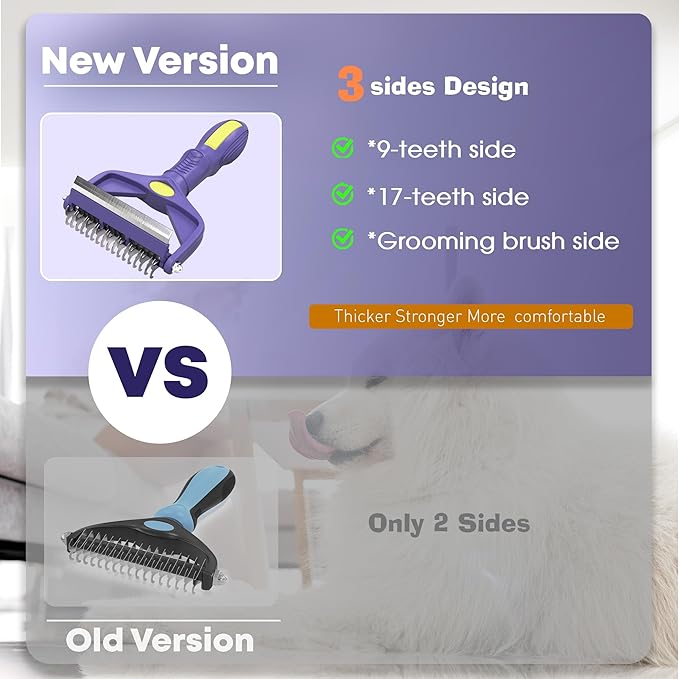 Dog Grooming Brush, Dematting Comb for Dogs and Cats, Pet Grooming Rake for Dogs, Cat Undercoat Deshedding Brush, 3 in 1 Upgraded Version Undercoat Rake for Thick Hair Pets