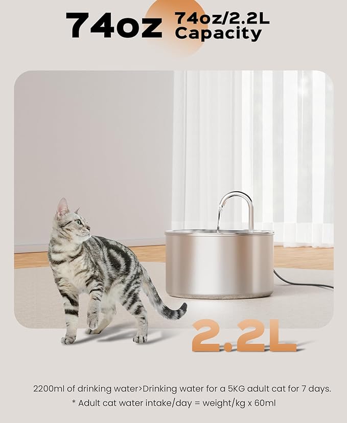 Stainless Steel Cat Water Fountain: Pet Fountains Indoor Metal Automatic Dispenser Cat Waterer Bowls Dog Faucet Bottle Pets 24/7 Running Watering for Drinking Quiet Pump with 1 Filter