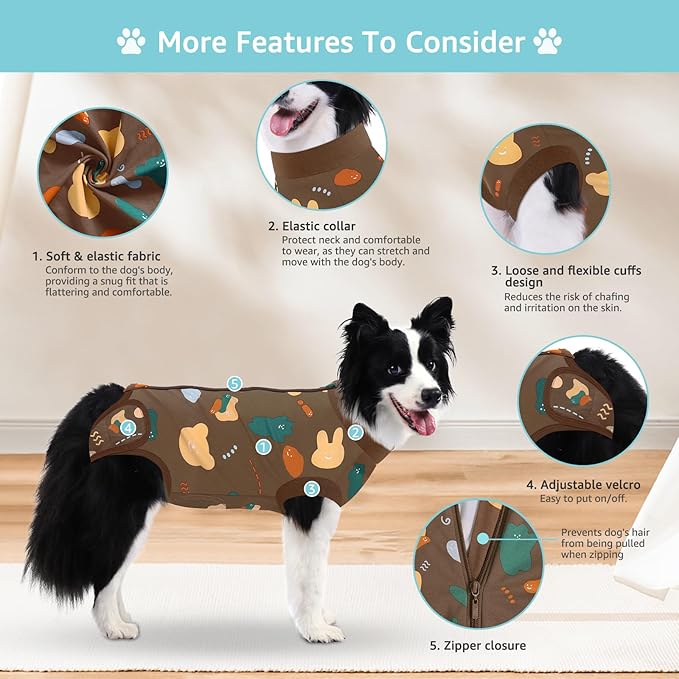 Recovery Suit for Dogs, Dog Surgery Recovery Suit with Zipper Closure Post Spay, Neuter, Abdominal Surgical Suit for Male Female Dogs Can Pee, Prevent Licking Dog Onesies, Brown Bear, L
