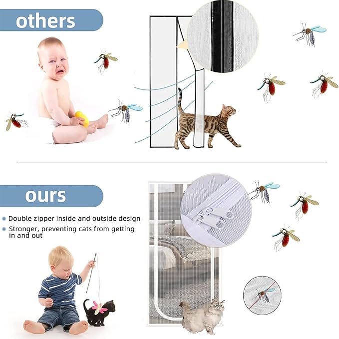 Reinforced Cat Screen Door,Fits Door Size 32''x 80'',Thickened Cat Resistant Mesh Screen Door for Living Room,Kitchen,Bedroom,Cat Proof Screen with Zipper Closure. (U-Type,White)