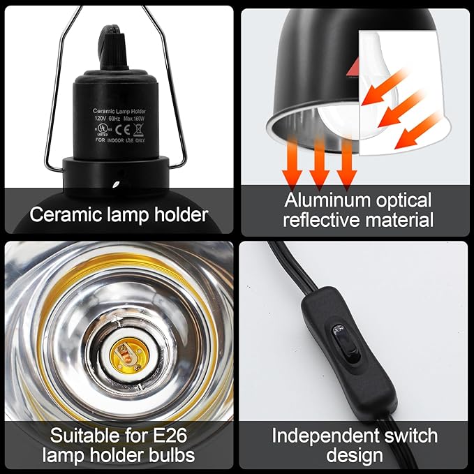 Reptile Light Fixture, 2 Packs 5.5 Inch Deep Dome Lampshade, Reptile Heat Lamp Fixture with Separate Switches Fit for UVB Bulb Basking Heat Bulb for Reptile Glass Terrariums