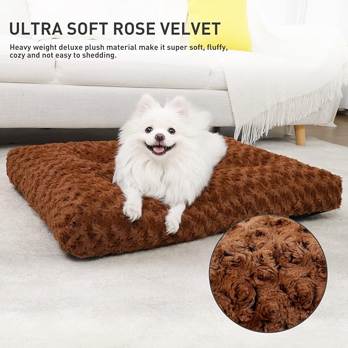 KSIIA Washable Dog Bed Deluxe Plush Dog Crate Beds Fulffy Comfy Kennel Pad Anti-Slip Pet Sleeping Mat for Large, Jumbo, Medium, Small Dogs Breeds, 29" x 21", Brown