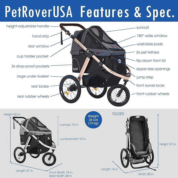 HPZ Pet Rover Run Performance Jogging Sports Stroller with Comfort Rubber Wheels/Zipper-Less Entry/1-Hand Quick Fold/Aluminum Frame for Small/Medium Dogs, Cats and Pets (Black)