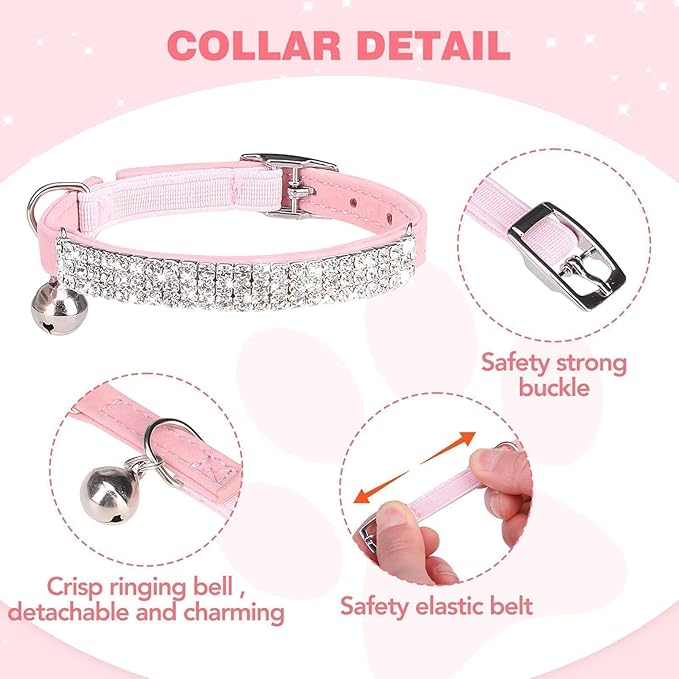 BINGPET Diamond Cat Collar,Adjustable Soft Velvet Leather Safe Kitten Collar with Shiny Rhinestones and Bells,Girl Boy Bling Stylish Cat Collars with Safety Elastic for Small Medium Cats,Pink