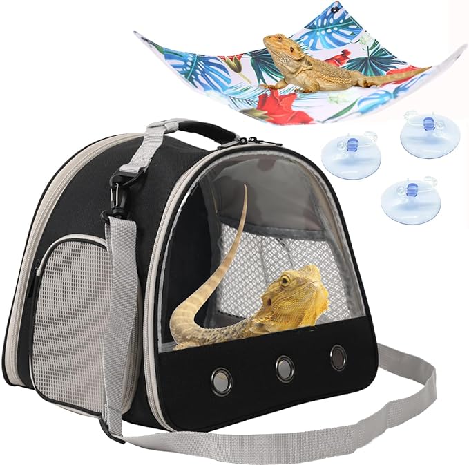 Guinea Pig Carrier,Bearded Dragon with Triangle Floral Hammock Set,Guinea Pig Carrier for 2,Reptile Travel Carrier for Lizards Sugar Glider Hedgehog Rat Parrot Birds (Black, Carrier+Triangle HMK)