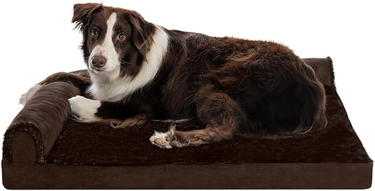 Furhaven Memory Foam Dog Bed for Large/Medium Dogs w/ Removable Bolsters & Washable Cover, For Dogs Up to 55 lbs - Plush & Velvet L Shaped Chaise - Sable Brown, Large