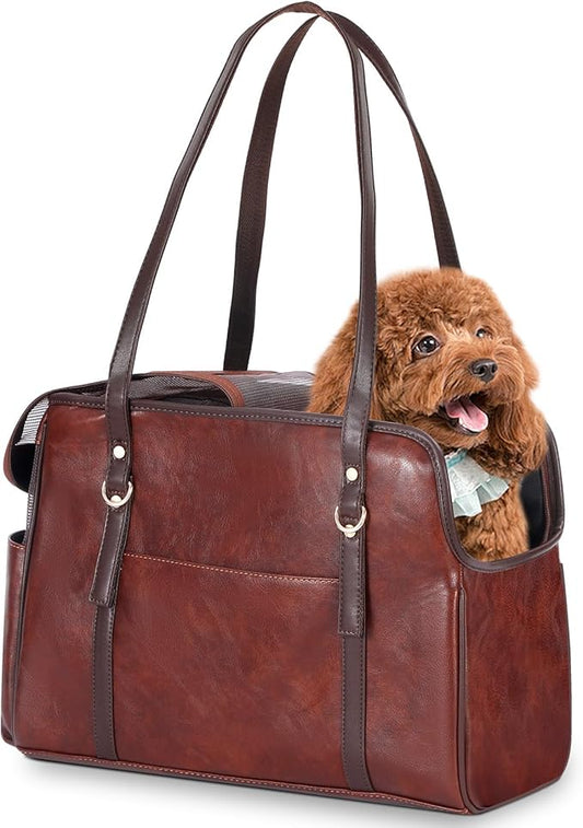 Dog Carrier Purse, Fashion Leather Pet Carrier with Pockets, Airline Approved Soft Sided Dog Carrying Bag for Puppy Cat Dog Coffee