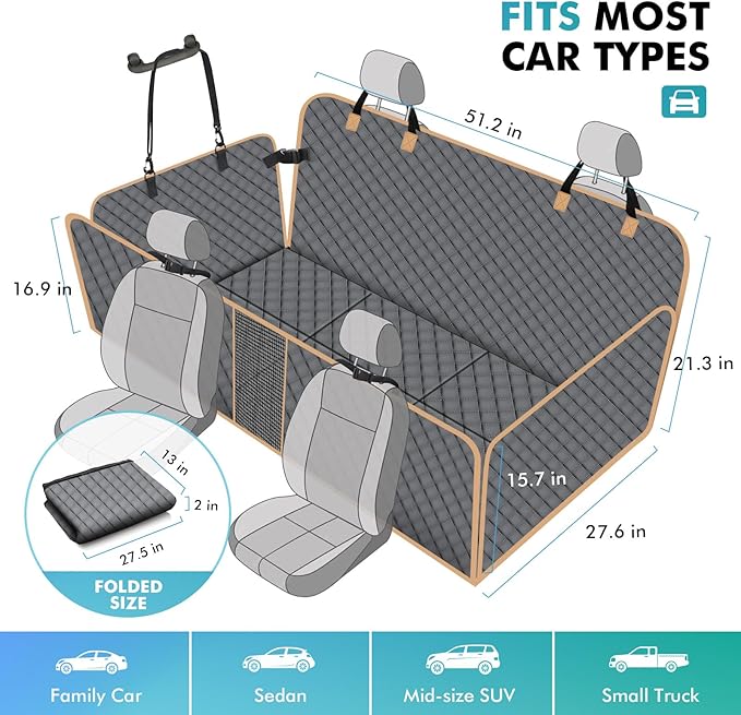 Dog Car Seat Cover with Hard Bottom, Dog Back Seat Extender for Dogs, Hard Bottom Dog Hammock for Car, SUV, Grey