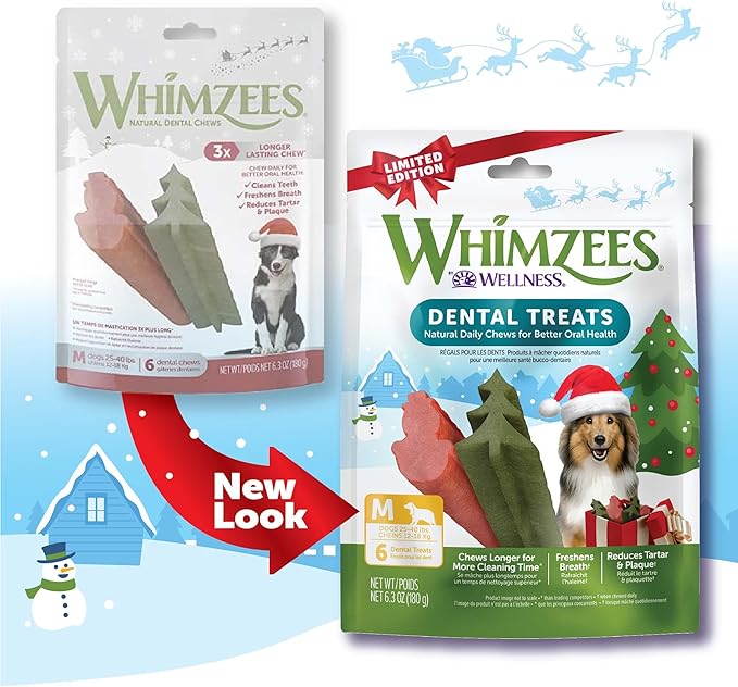 Whimzees by Wellness Holiday Natural Grain Free Dental Chews for Dogs, Medium Breed, 6 count