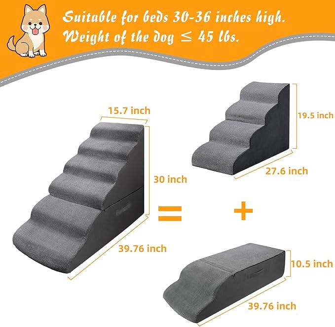 Dog Stairs Steps for 30 Inches Tall High Bed, Pet Dog Ramp Ladder for Small Dogs Injured, Doggie, Old Cats, Kitty, Small Animals(Grey, Up to 29 30 31 32 33 Inch Tall Bed)