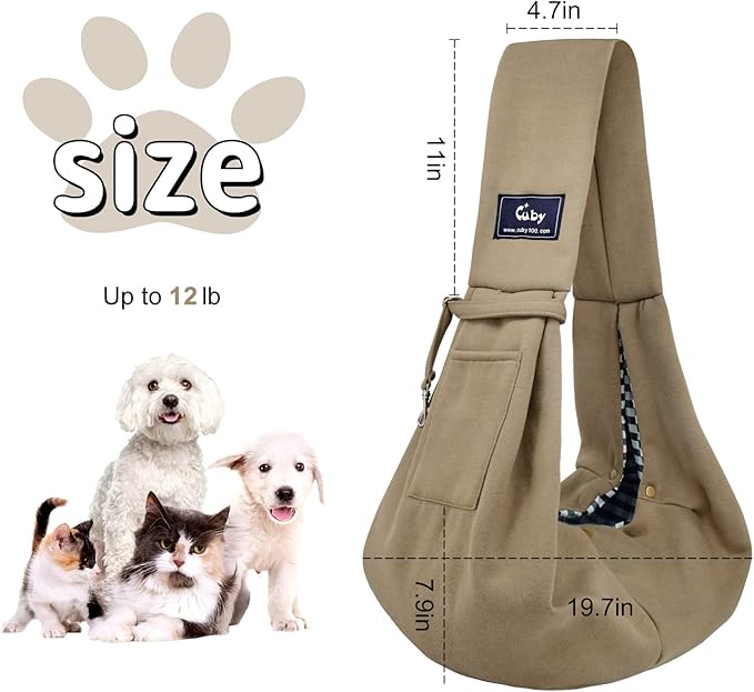 CUBY Dog and Cat Sling Carrier - Hands Free Reversible Pet Papoose Bag - Soft Pouch and Tote Design - Suitable for Puppy, Small Dogs Cats Outdoor (Khaki, Unadjustable strap)