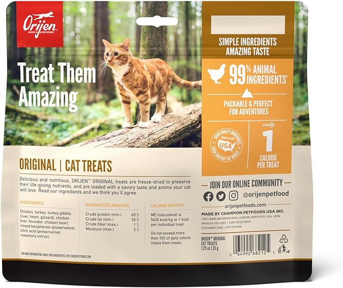 ORIJEN Original Freeze Dried Cat Treats, Grain Free Treats for Cats, Raw Animal Ingredients, 1.25oz