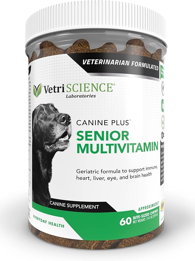 VETRISCIENCE Canine Plus MultiVitamin for Senior Dogs - Vet Recommended Vitamin Supplement - Supports Mood, Skin, Coat, Liver Function, 60 Chews (packaging may vary)