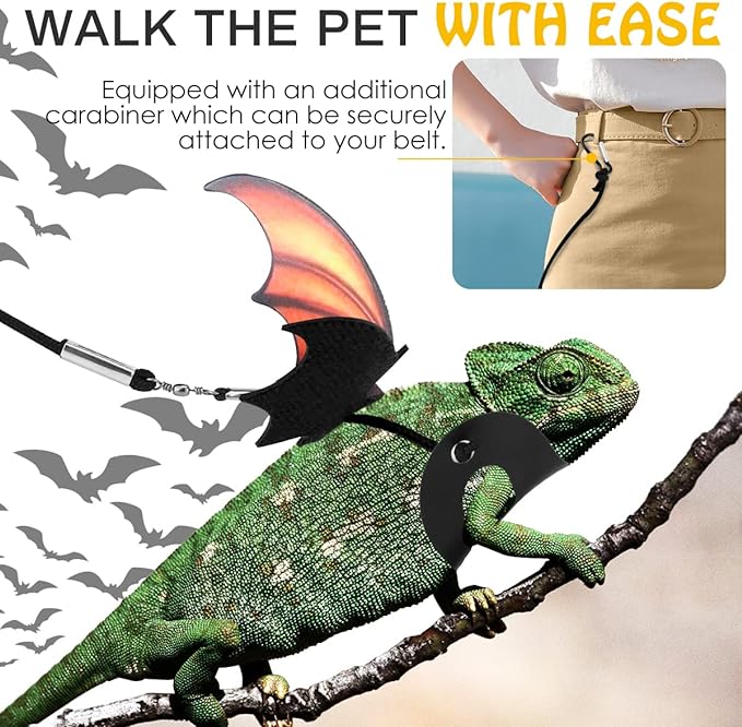 Pawaboo Adjustable Bearded Dragon Harness and Leash, 3 Size Leather Reptile Leash Outdoor Harness Leash with Bat Wings for Lizard Reptiles Amphibians Small Pet, Small/Medium/Large, Gradient Yellow