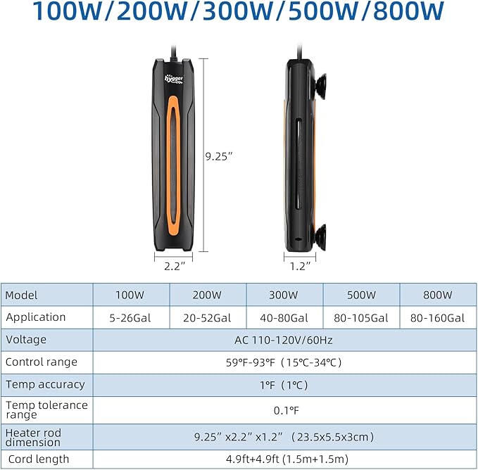 hygger 100W Aquarium Heater, Quartz Fish Tank Heater with LED Digital Display Thermostat Controller for 5-26 Gallon Freshwater Saltwater Tank