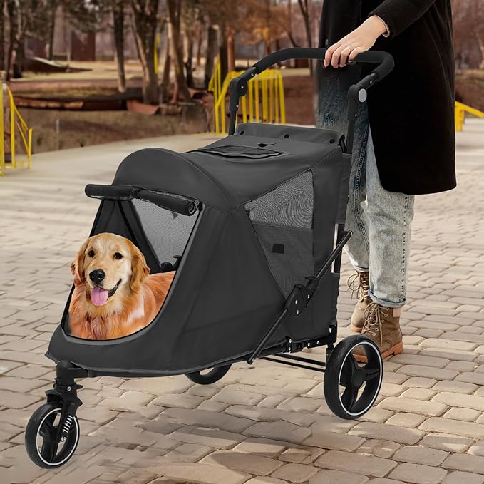 MoNiBloom Pet Stroller for Large Dogs or Multiple Dogs Cats with Adjustable Handle, 3-Wheels Dual Entry Portable Dog Carting Easy Folding Pet Wagon Double Dog Stroller up to 55 lbs, Black