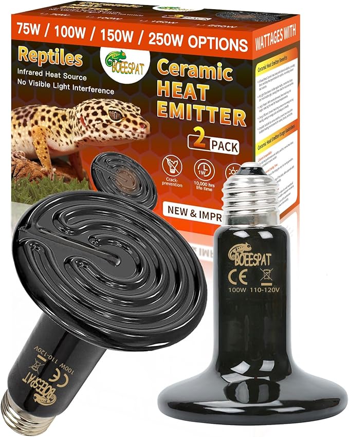 100W Ceramic Heat Emitter for Day and Night Use, Pack of 2 Reptile Basking Heat Lamp for Bearded Dragon, Lizard, Iguana & Amphibians (Black, 100 Watts)