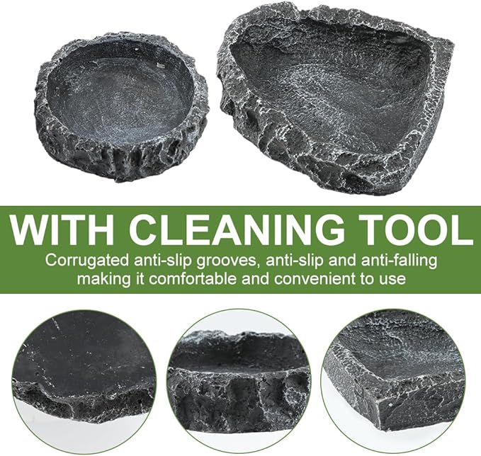 Reptile Bowls, 2 Pcs Reptile Feeding Dish with Clamp & Shovel, Resin Rock Reptile Water & Food Bowls, Amphibian Reptile Feeding Terrarium Bowls for Gecko Lizard Spider Scorpion Chameleon