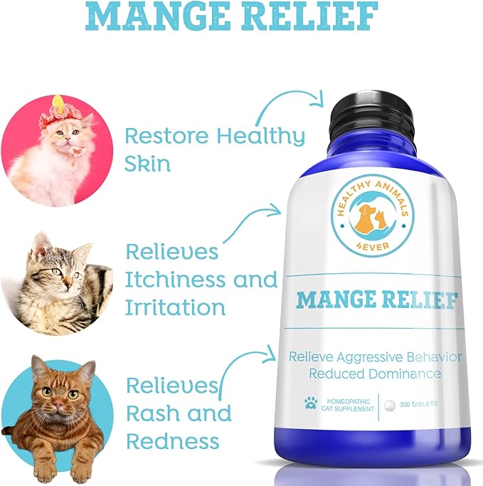 Mange Relief for Cats - Treatment for Itchiness, Scabs, & Hair Loss Caused by Mites - All-Natural, Homeopathic, Non-GMO, Organic - Gluten, Preservative & Chemical Free - 300 ct