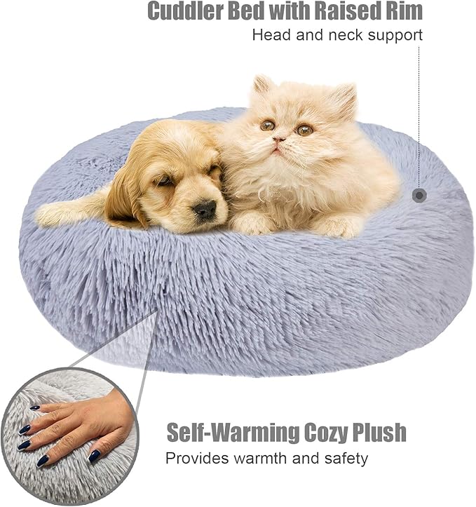 Aurako Cat Bed Dog Bed Round Cushion Pet Bed Mat Ultra Soft Plush Donut Sofa Comfortable Pillow Machine Washable Pet Cuddle Beds for Kitten Small Medium Large Dogs Cats 20" Light Gray