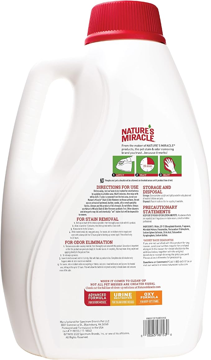 Nature's Miracle P-98153 Dog Stain and Odor Remover, 128 fl oz, Melon Burst Scent, Enzymatic Formula for Urine Stains, Feces Stains, Vomit Stains and Drool Stains, Odor Control